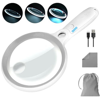 Large Magnifying Glass with 37 LED Light, 10X 20X 45X Handheld Illuminated - color: Grey & White, size: Magnifier with Light (No Case)