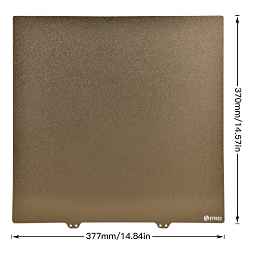 FYSETC Ender 5 Plus Bed Build Plate Spring Steel 377x370mm/14.84x14.56in Double-Sided Textured PEI Surface and Sticker Bottom with Adhesive Removable PEI Sheet Flex Steel Platform-Gold - size: Double-sides Textured PEI kit 377X370mm