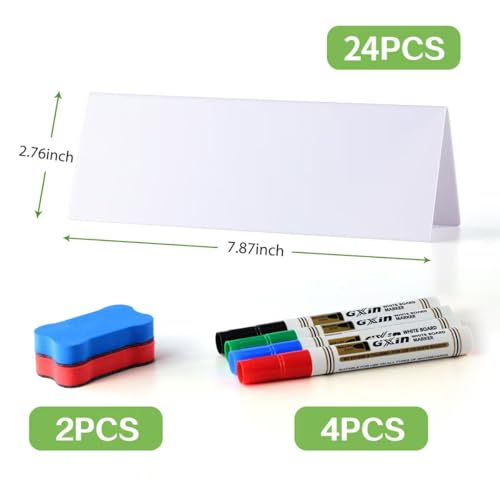 24 Pcs Dry Erase Name Tent Cards for Table, Reusable Name Cards 8.75" x 3" Desk Name Tents Sets with Dry Erase Markers and Erasers, Facilitate Effective Organization of Meetings and Classes