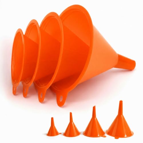 4Pcs All Purpose Plastic Funnel Set, Funnels for Kitchen Use Filling Bottles, Mini, Small to Large Funnels for Automotive Use, Liquid Spices Funnel for Water Bottles, Flask, Car Oil and More (Orange) - color: Orange