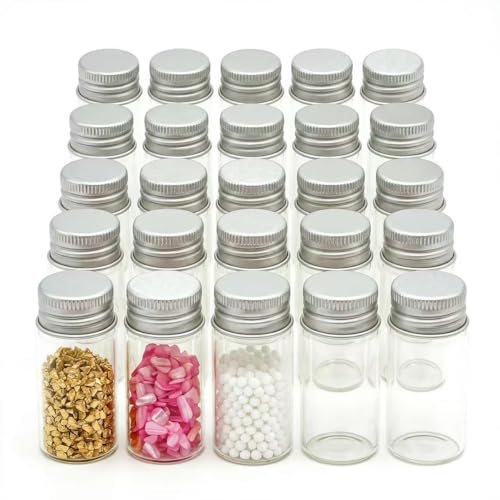 25PCS 10ML Clear Glass vial with aluminum screw cap,Tiny Bottle Mini Jars Glass Tube for Beads Glitter Seed Samplers Storage - size: 10 Milliliters