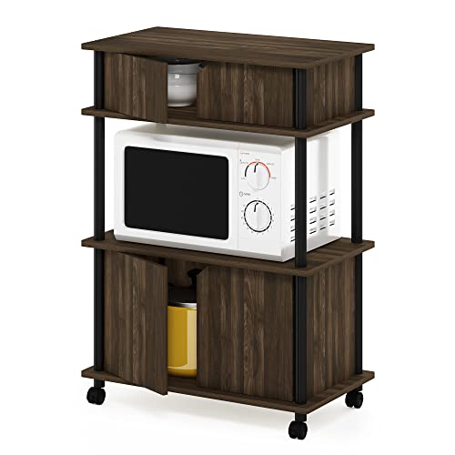 Furinno Turn-N-Tube Kitchen Storage Cart with Cabinet and Lockable Wheels, Columbia Walnut/Black - color: Columbia Walnut/Black, size: 3-Tier with Cabinet