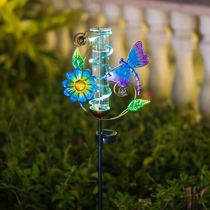 Solar Rain Gauge Outdoor, Dragonfly Rain Gauges for Yard - color: Blue Dragonfly
