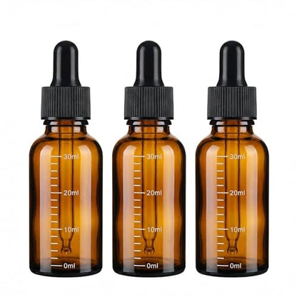 ericotry 3 Pcs 30ml 1oz Empty Refillable Amber Glass Graduated Dropper Bottle Essential Oil Cosmetics Elite Fluid Container Jar Pot Holder with Glass Pipette Dropper - size: 30 ml
