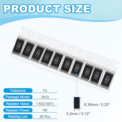 PATIKIL 2512 Surface Mount Device Chip Resistor Kit, 20Pcs 1K Ohm 1% Tolerance 1W DIY Resistor Ceramic Resistance Assortment Kits for Electronic Products - style: 1K Ohm