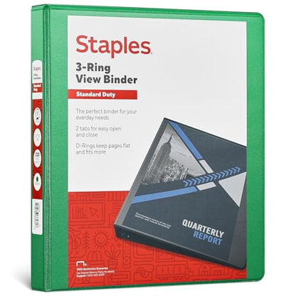 Staples Standard 1-Inch Round Ring View Binder, Green, 175 Sheets - color: Green, size: 1-Inch, style: 1 Pack