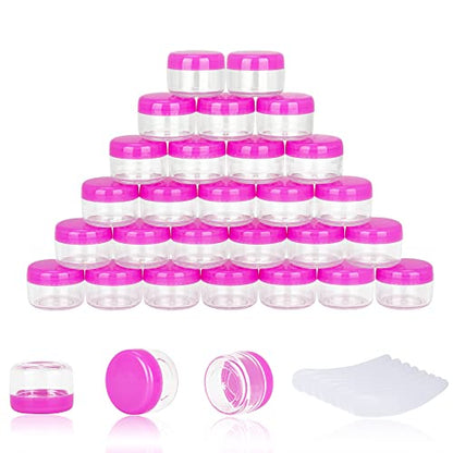 100PCS 5 Gram Sample Containers, 5ml Empty Jars with Lids, Small Cosmetic Containers, Mini Sample Jars with 8PCS Mini Spatulas for Make Up, Oils, Lotion, Powder, Paint, Jewelry, Lip Balms(Pink Lid) - color: Pink, size: 100 Count