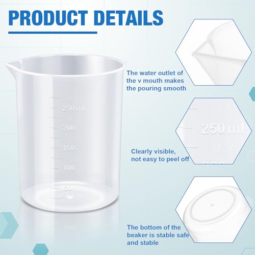Tanlade 36 Pcs Plastic Beakers Transparent Lab Measuring Cup Clear Liquid Measuring Mixing Cups Raised Graduations, Tapered Spout for Laboratories, Classrooms, Home (250 ml) - size: 250ml