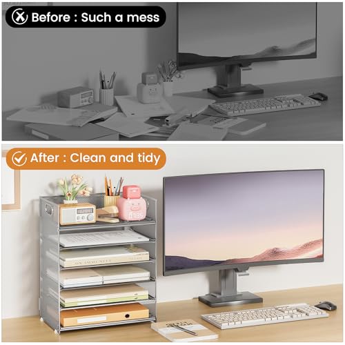 Subekyu 6 Tier Paper Organizer for Desk with Handle, Metal Mesh Desk Office File Folder Paper Letter Tray Accessories Organizer Sorter for Home, School, Office Desktop Document Organization - Silver - color: Silver