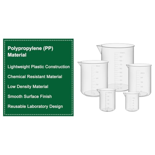 FunChem Plastic Beaker Set, 5-Piece Graduated Beakers 50ml/100ml/250ml/500ml/1000ml, Lightweight & Corrosion Resistant for Lab Experiments Liquid Mixing Dissolving