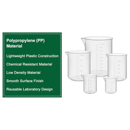 FunChem Plastic Beaker Set, 5-Piece Graduated Beakers 50ml/100ml/250ml/500ml/1000ml, Lightweight & Corrosion Resistant for Lab Experiments Liquid Mixing Dissolving