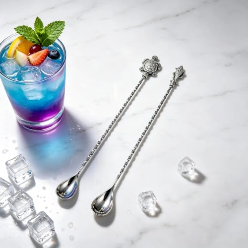 Homestia 12 Inch Bar Spoon, 2 Pcs Cocktail Spoon with Sea Turtle Fish Decor - color: 2PCS Turtle + Fish + Silver