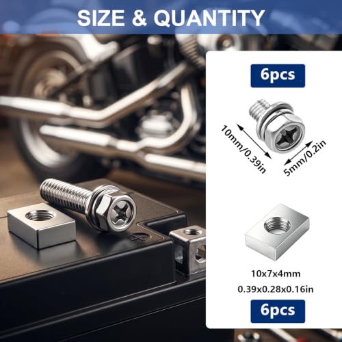 Tnisesm 12PCS M5x10 Battery Terminal Motorcycle Bolts and Nuts Kit, 304 Stainless Steel Battery Bolt with Square Nut for ATV Bike, Motorcycle, Scooter - size: M5*10MM