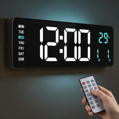 16" Large Digital Wall Clock with LED Display &Remote Control for Classroom - color: Blue