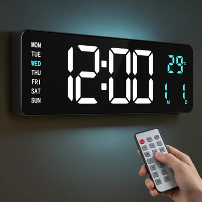 16" Large Digital Wall Clock with LED Display &Remote Control for Classroom - color: Blue