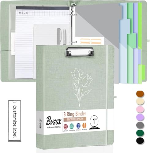 3 Ring Binder with Clipboard,1 Inch Binders with Notepad&5 Dividers with Pockets, Pen Holder, Linen Clipboards for School Office(Green Tulip, Letter Size) - color: Green Tulip, size: 1 Inch