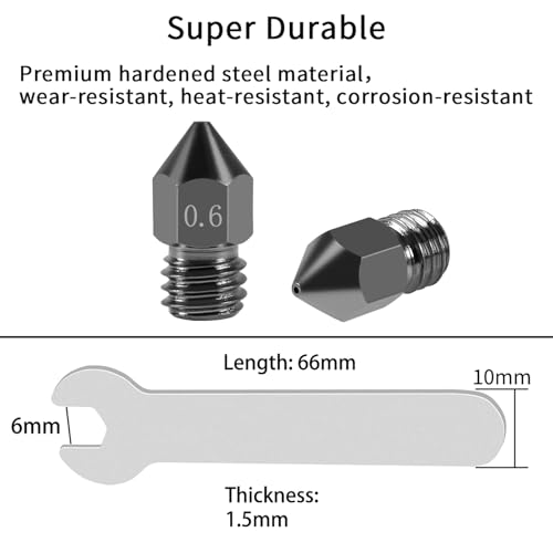 Aokin 5 Pcs 0.6mm Hardened Steel Nozzles MK8 Nozzles 3D Printer Nozzles with High Temperature Wear Resistant for Creality Ender 3/3 Pro/3 V2, Ender 5/5 Pro, CR-10/10S, Makerbot, with Flat Wrench - color: 0.6mm