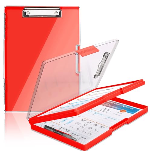 SFLHHDM Clipboard with Storage,Heavy Duty Clip Boards 8.5x11 with 2 Storage Case,Clear Visible Panel Storage Clipboards,Side Opening Nursing Clipboard Folder for Office Supplies-Red - color: Red