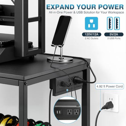 IRONWALLS 3D Printer Stand with Filament Storage & Power Outlet, 3-Tier - color: Black