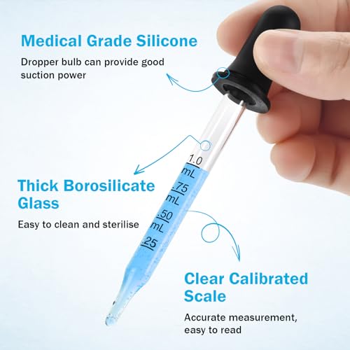 Eye Dropper 8 Pcs, 1mL Glass Liquids Pipette Dropper Tool with Measurement-Bent & Straight Tips, for Essential Oils Crafts Ear Lab Measuring Transferring Liquids Herain - size: Large Rubber Bulb-8pcs-Bent Straight