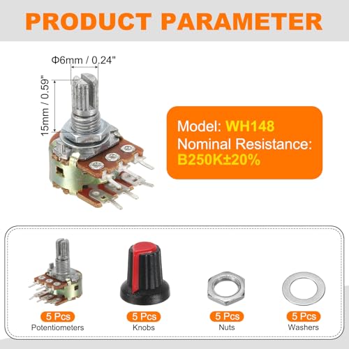 MECCANIXITY 5 Set WH148 B250K Ohm Potentiometer Kit 6-Pin 15mm Shaft Red - size: 15mm, style: B250K
