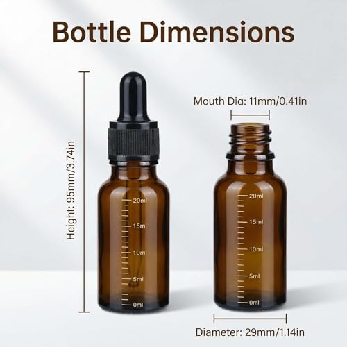 ericotry 3 Pcs 20ml 0.67oz Empty Refillable Amber Glass Graduated Dropper Bottle Essential Oil Cosmetics Elite Fluid Container Jar Pot Holder with Glass Pipette Dropper - size: 20 ml