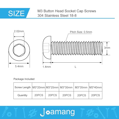 M3 x 20mm 25mm 30mm 35mm 40mm Button Head Socket Cap Screws Bolts, Stainless Steel 304, Metric Allen Hex Drive, Bright Finish, Fully Threaded, Assortment Kit 100PCS - size: Button M3x20-40 mm