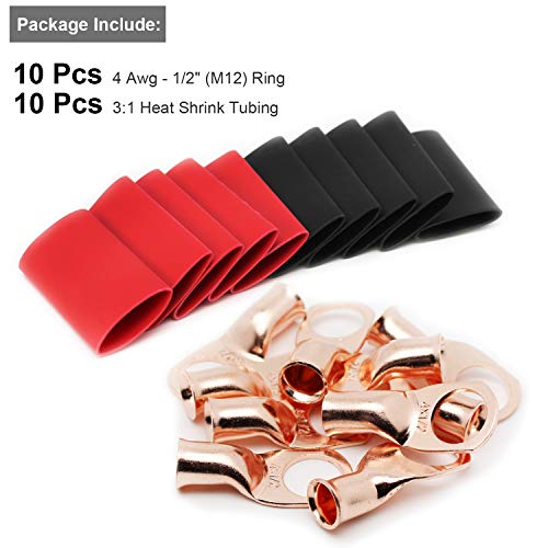 TKDMR 10 PCS 4 AWG - 1/2 Battery Cable Lugs Copper Wire Ring Terminals - size: 4 Awg - 1/2" (M12) Ring