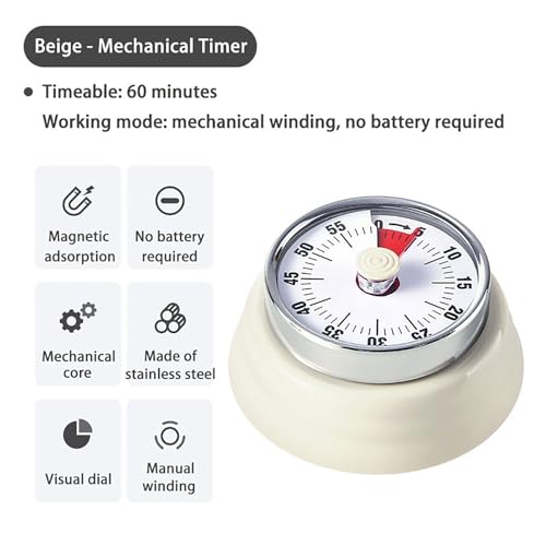 Elegant Stainless Steel Vintage Kitchen Timer with Magnetic Attachment - 60-Minute Countdown & Audible Alarm, Perfect for Cooking, Office Tasks, and Study Sessions (01-Beige) - color: 01-beige