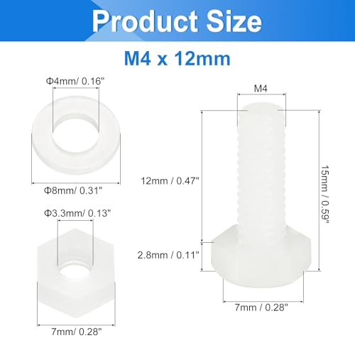 uxcell 300 Pcs/100 Sets Nylon Hex Bolts, M4 x 12mm Plastic Full Threaded Hex Head Screws Bolts and Nuts with Flat Washers for Machinery Electronics Industrial Accessories, White - size: M4 x 12mm