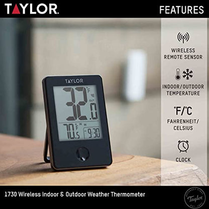 Taylor in/Out Wireless Thermometer with Remote Sensor and Clock - color: Black