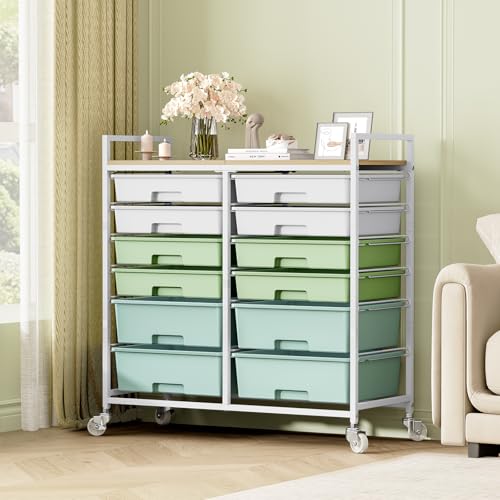 TOOLF 12 Drawers Rolling Storage Cart with Wooden Top for Classroom,Green - color: Green