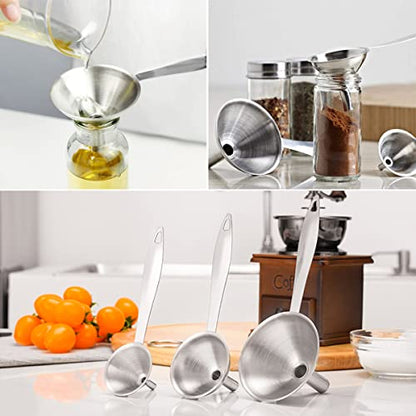 Small Funnels for Filling Bottles, 3 Pcs Stainless Steel Kitchen Funnel Set, Food Grade Mini Metal Funnel for Transferring Oil Liquid, Easy Cleaning with a Brush (Long Handle) (Pack of 2) - size: long handle (Pack of 2)