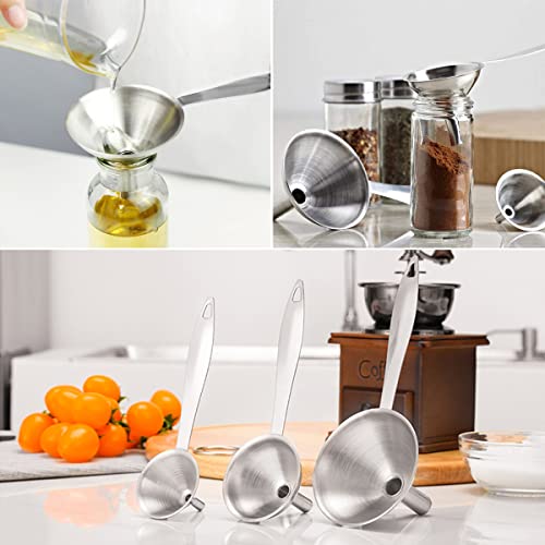 Small Funnels for Filling Bottles, 3 Pcs Stainless Steel Kitchen Funnel Set, Food Grade Mini Metal Funnel for Transferring Oil Liquid, Easy Cleaning with a Brush (Long Handle) (Pack of 2) - size: long handle (Pack of 2)