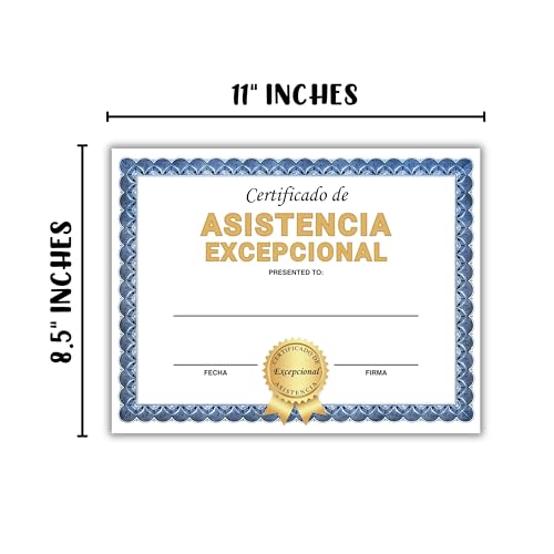 Spanish Certificate of Outstanding Attendance 30pk 8.5x11” Perfect Classroom Sunday School Recognition Award Students Participation