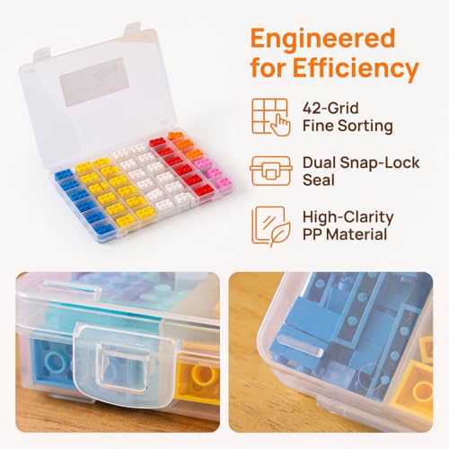 42 Grids Clear Plastic Storage Box, Removable Divider Small Parts Organizer, Portable Compartment Container for Adult Craft Hardware Bead Daily Classification, 1Pcs