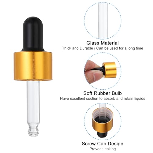 Glass Eye Dropper Caps, 6 Pcs Anodized Aluminum Glass Dropper Closure Top for 5ml(1/6oz) Essential Oils Bottle, Perfume, Lab Experiments, Gold Tone