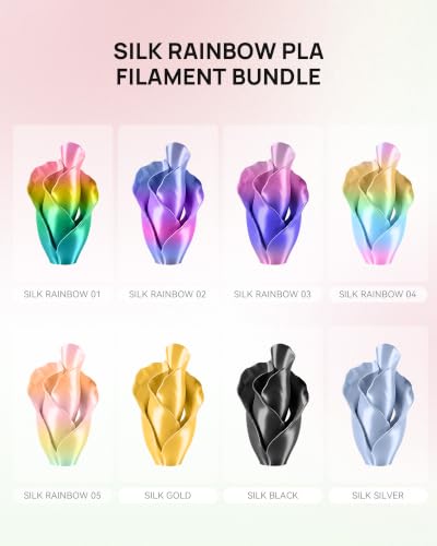 TECBEARS Silk Rainbow PLA+ 3D Printer Filament Bundle for Bambu 3D Printers - color: Rainbow 01-05, Gold, Silver, Black, size: 0.25kg Pack