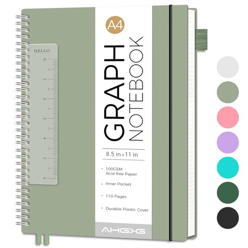 AHGXG Spiral Graph Paper Notebook, 110 Pages, A4 (8.5" x 11") - color: Sage Green, style: A4-Graph