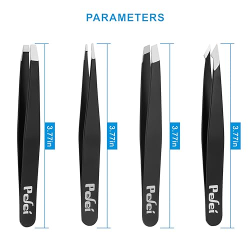 Pefei Tweezers Set - Professional Stainless Steel Tweezers for Eyebrows - Great Precision for Facial Hair, Splinter and Ingrown Hair Removal (Black) - size: 4 Piece set
