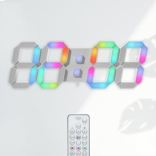 KOSUMOSU LED Wall Clock 15" RGB Digital LED Clock for Living Room Decor, Large Display Gaming Room Clocks, Dimming/12/24 Hr Time/Date/Temp/Remote (White Clock with Neon Light) - color: 15in White Wall Clock-neon Light