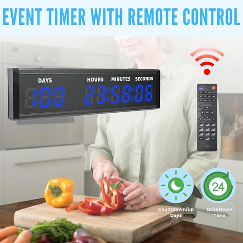 Large Digital Count Up Count Down Timer, Multi-Function 999 Days Countdown Remote Control 12/24 Hour Real Time Clock Calendar, Blue Large Display(18.8"*5") Buzzer Alert for Event