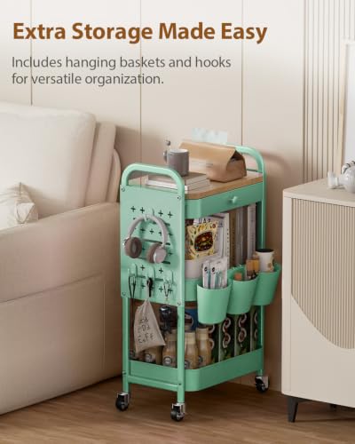 ALVOROG 3 Tier Metal Rolling Cart with Drawer,Wood Top,Pegboards,Green - color: Green