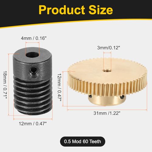 uxcell Worm Gear Set 60T 0.5 Module 60:1 Reduction Rate, Right Rotation Drive Gear Box Wheel Reduce Transmission Part (Brass Gear-3mm Bore, #45 Steel Rod 4mm Bore) - size: Gear-3mm, Rod-4mm Bore, style: 0.5M-60T