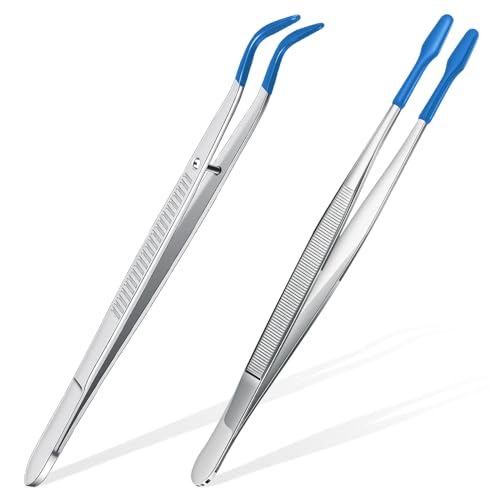 Honoson 2pcs Tweezers with Rubber Tips Set Bent and Straight, Silver, Blue - color: Silver, Blue