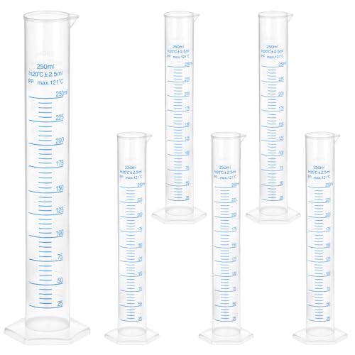 QWORK 6-Pack Plastic Graduated Cylinders, 250ml Science Hydrometer Test Tube Cylinder, Dual Marking Lines, Measuring Cylinder with Pour Spout