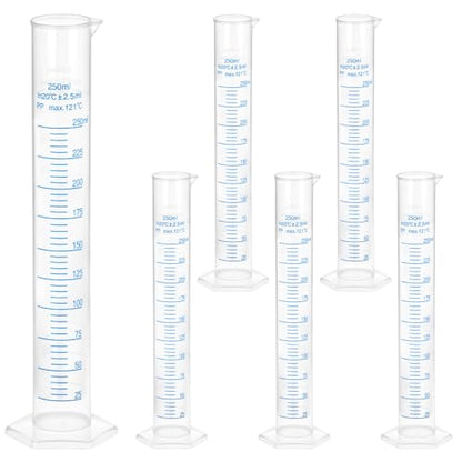 QWORK 6-Pack Plastic Graduated Cylinders, 250ml Science Hydrometer Test Tube Cylinder, Dual Marking Lines, Measuring Cylinder with Pour Spout
