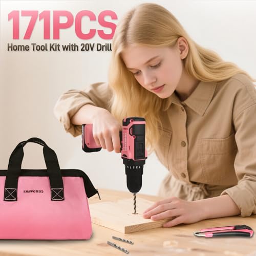 COMOWARE 20V Cordless Drill Set, 171Pcs Pink Home Tool Set with Cordless Drill Driver, Complete Repair Tool Kit for Women, Pink Storage Bag, Ideal for Office, Garden, DIY Project - color: Pink Tool