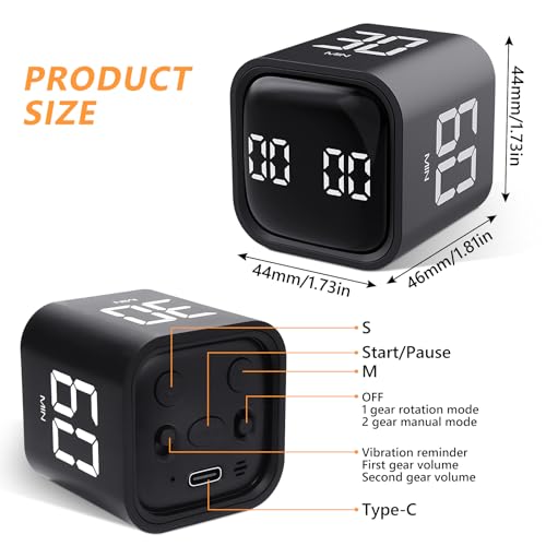 GuDoQi Multi-Function Cube Timer, 5/10/30/60 Min & Custom Count Down, Included Pause & Resume Feature, Silent, Vibrate & Adjustable Sound Alarm for Productivity in Tasks, Study & Kitchen, Black - color: Black
