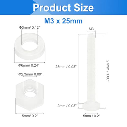 uxcell 300 Pcs/100 Sets Nylon Hex Bolts, M3 x 25mm Plastic Full Threaded Hex Head Screws Bolts and Nuts with Flat Washers for Machinery Electronics Industrial Accessories, White - size: M3 x 25mm